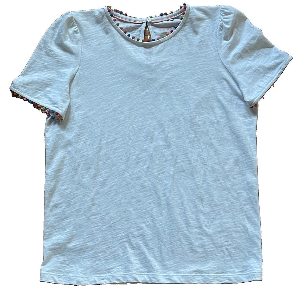 Boden Womens 2 White Pom Pom Trim Puff Sleeve Top Keyhole Back Patterned Tee